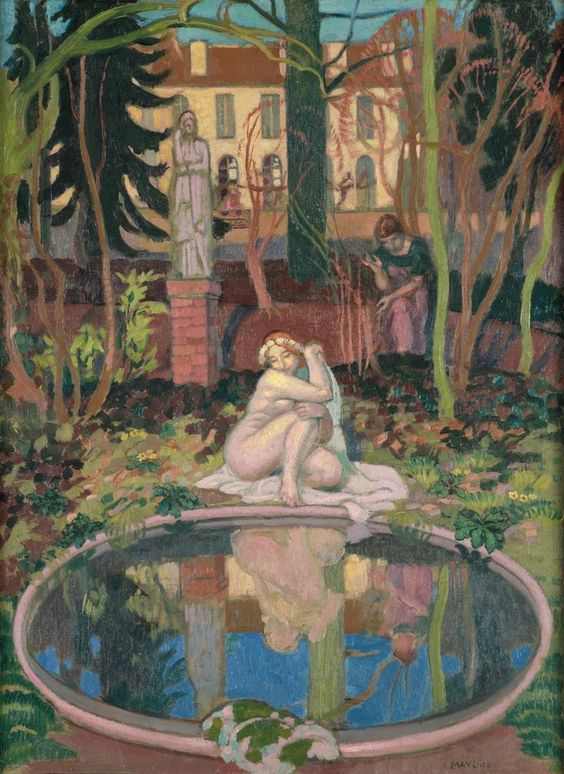 A voluptuous, nude white woman sits in a garden in front of a circular pool, gazing at her reflection. 
																	  Behind her, another woman approaches, and there's a large house in the background.