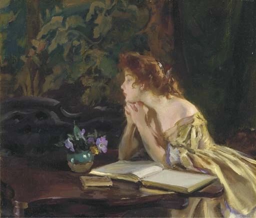 a young woman with an off-shoulder yellow gown sits at a table with her chin resting
																on her hands. An open book is in front of her, but she's looking off to the side in thought.