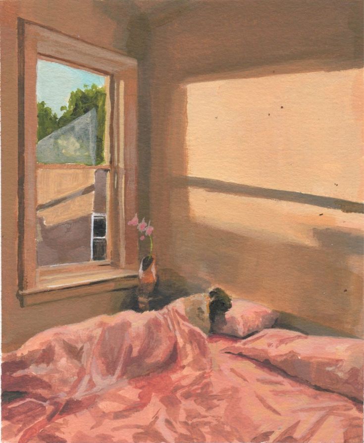 a person lies in a large bed with pink sheets. A window lets light in.