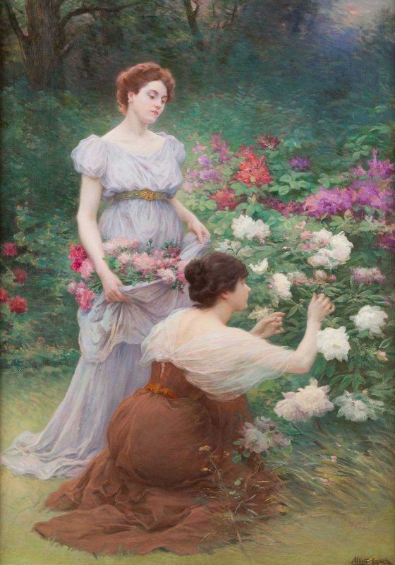 Two young women pick pink and white roses. One is kneeling to pick flowers, and the other stands and holds flowers in her skirt.