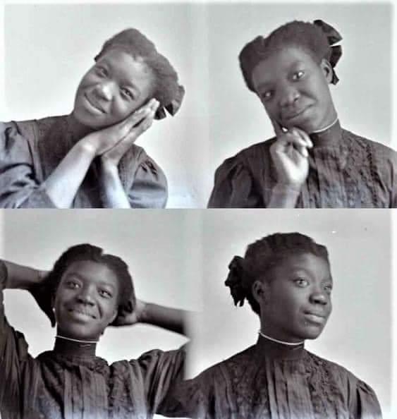 four photographs of a young black woman smiling and making various poses