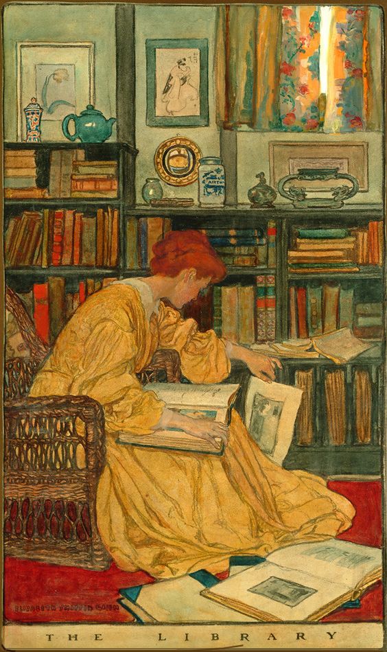 a woman with red hair and a yellow dress sits in a chair in front of full bookshelves. She has an open book
															   on her lap, books on the floor, and is pulling out a paper from between books